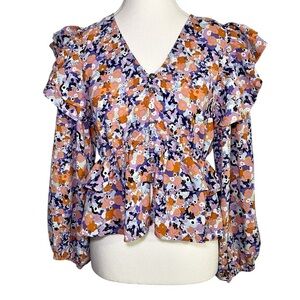 Entro Orange and Purple Floral Print Ruffled Long Sleeve Blouse